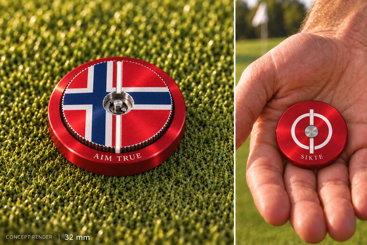 Concept render of a Sikte 32 with a Norwegian flag spinner, and its underside in a hand